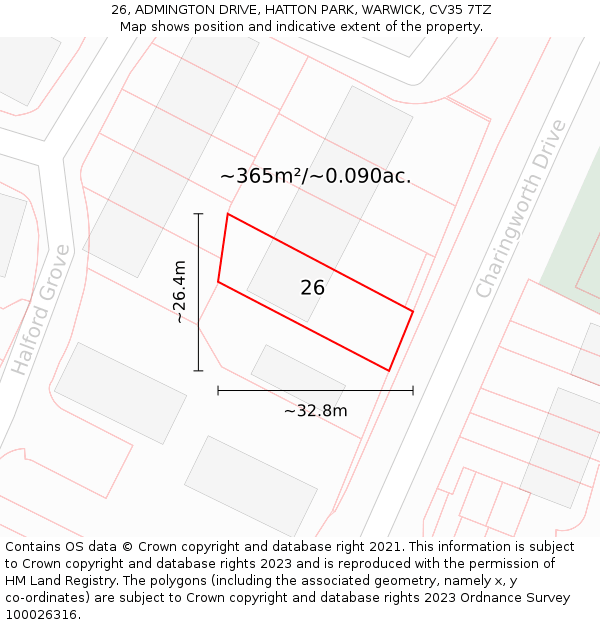 26, ADMINGTON DRIVE, HATTON PARK, WARWICK, CV35 7TZ: Plot and title map