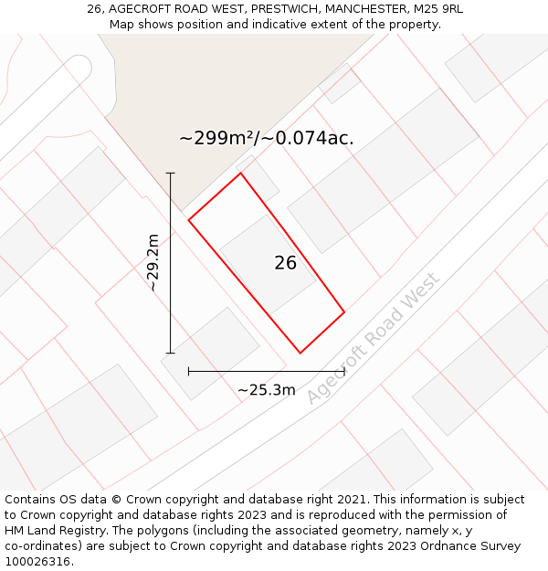 26, AGECROFT ROAD WEST, PRESTWICH, MANCHESTER, M25 9RL: Plot and title map