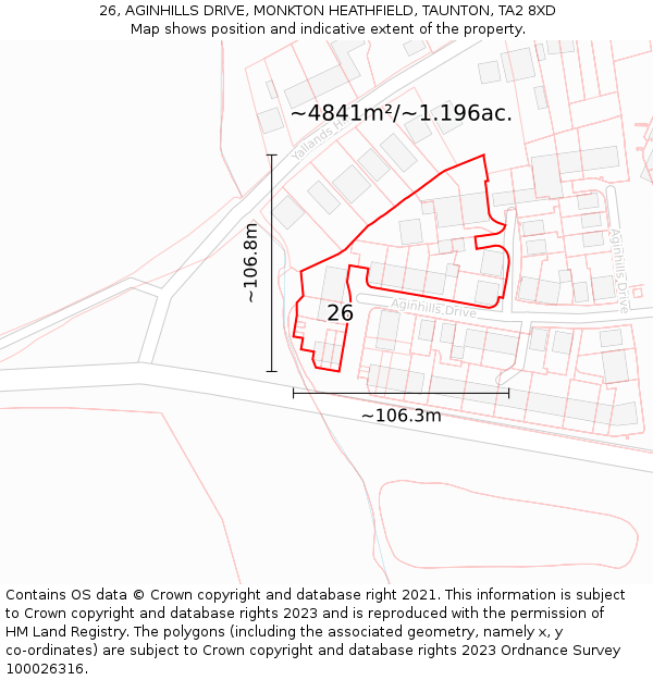 26, AGINHILLS DRIVE, MONKTON HEATHFIELD, TAUNTON, TA2 8XD: Plot and title map