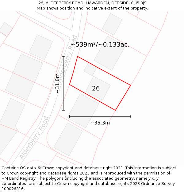 26, ALDERBERRY ROAD, HAWARDEN, DEESIDE, CH5 3JS: Plot and title map