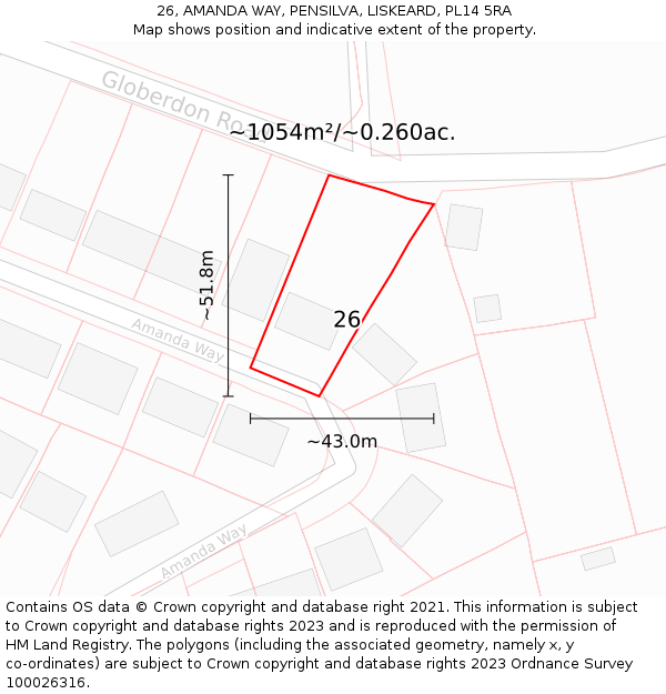 26, AMANDA WAY, PENSILVA, LISKEARD, PL14 5RA: Plot and title map