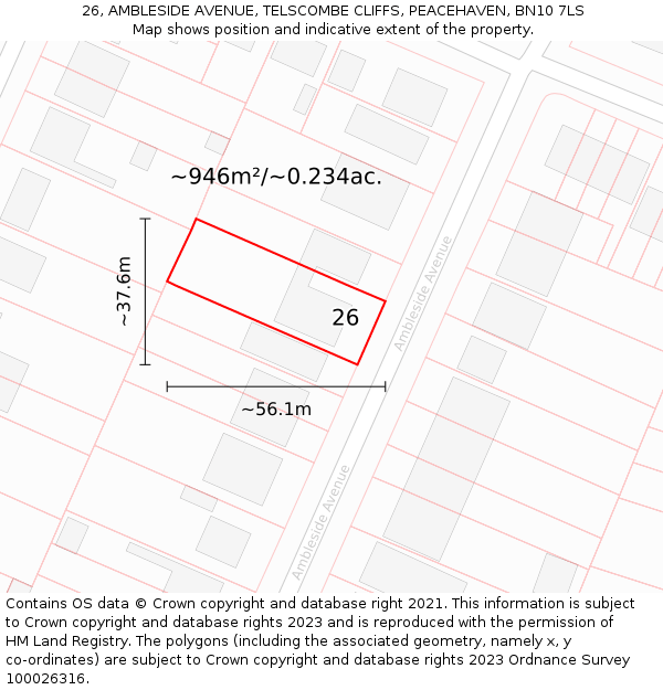 26, AMBLESIDE AVENUE, TELSCOMBE CLIFFS, PEACEHAVEN, BN10 7LS: Plot and title map