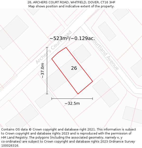 26, ARCHERS COURT ROAD, WHITFIELD, DOVER, CT16 3HP: Plot and title map