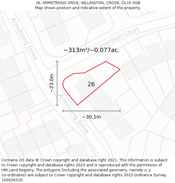 26, ARMSTRONG DRIVE, WILLINGTON, CROOK, DL15 0GB: Plot and title map