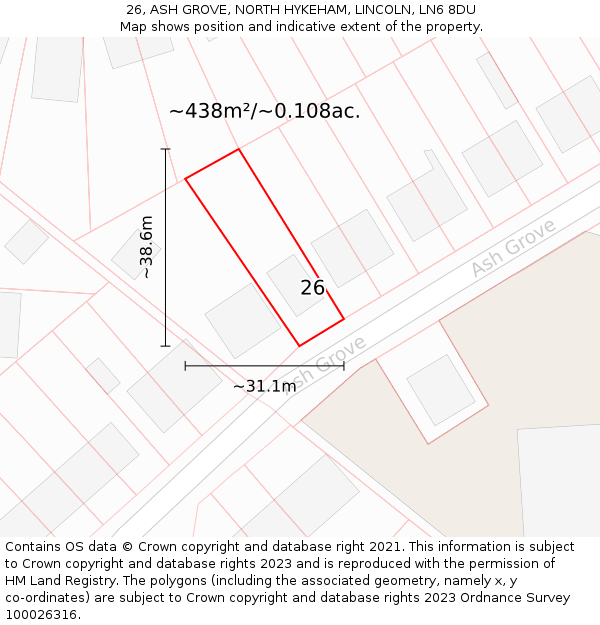 26, ASH GROVE, NORTH HYKEHAM, LINCOLN, LN6 8DU: Plot and title map