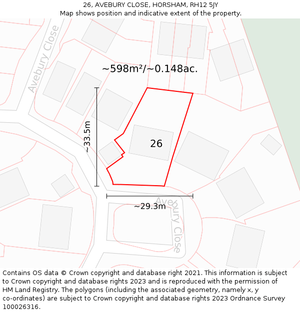 26, AVEBURY CLOSE, HORSHAM, RH12 5JY: Plot and title map