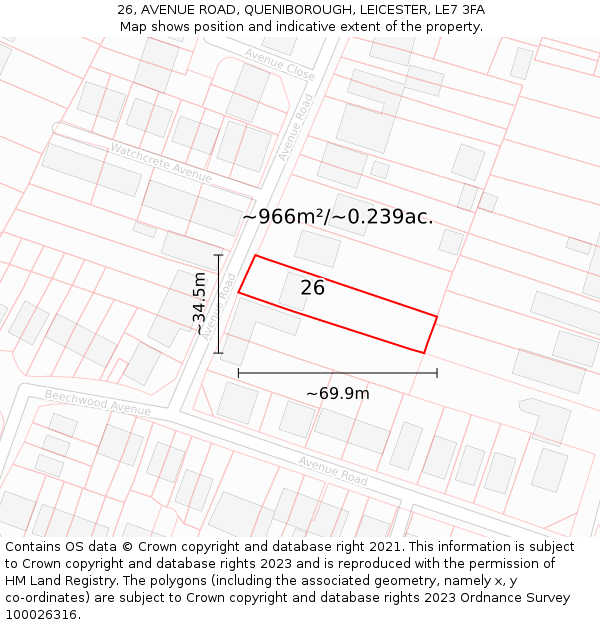 26, AVENUE ROAD, QUENIBOROUGH, LEICESTER, LE7 3FA: Plot and title map