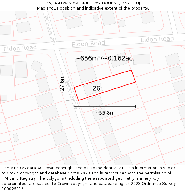 26, BALDWIN AVENUE, EASTBOURNE, BN21 1UJ: Plot and title map