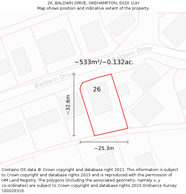 26, BALDWIN DRIVE, OKEHAMPTON, EX20 1UH: Plot and title map