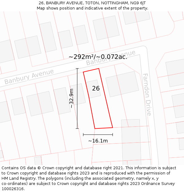 26, BANBURY AVENUE, TOTON, NOTTINGHAM, NG9 6JT: Plot and title map