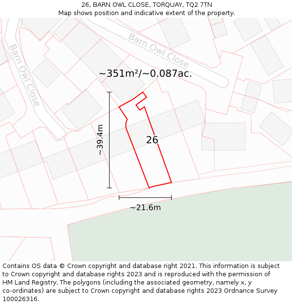 26, BARN OWL CLOSE, TORQUAY, TQ2 7TN: Plot and title map