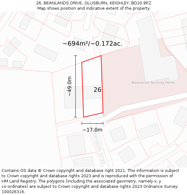 26, BEANLANDS DRIVE, GLUSBURN, KEIGHLEY, BD20 8PZ: Plot and title map