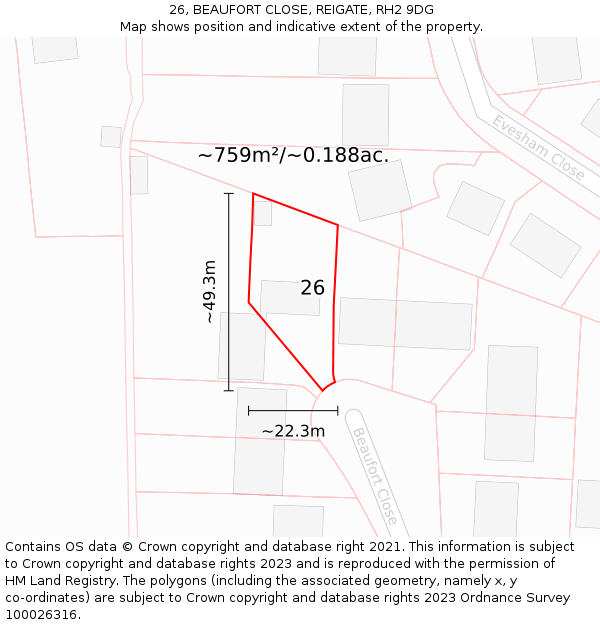 26, BEAUFORT CLOSE, REIGATE, RH2 9DG: Plot and title map