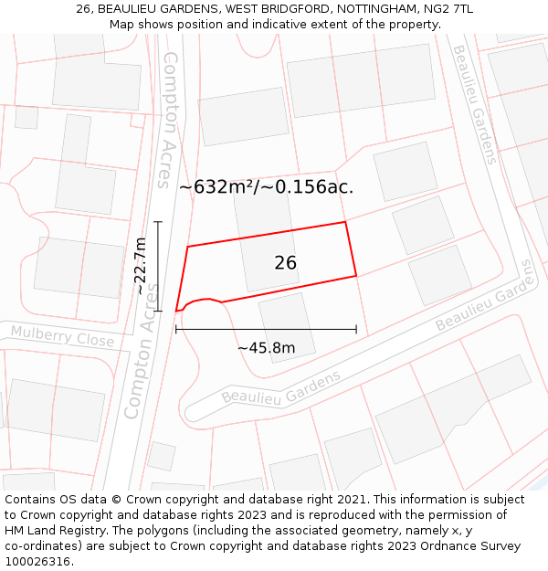 26, BEAULIEU GARDENS, WEST BRIDGFORD, NOTTINGHAM, NG2 7TL: Plot and title map