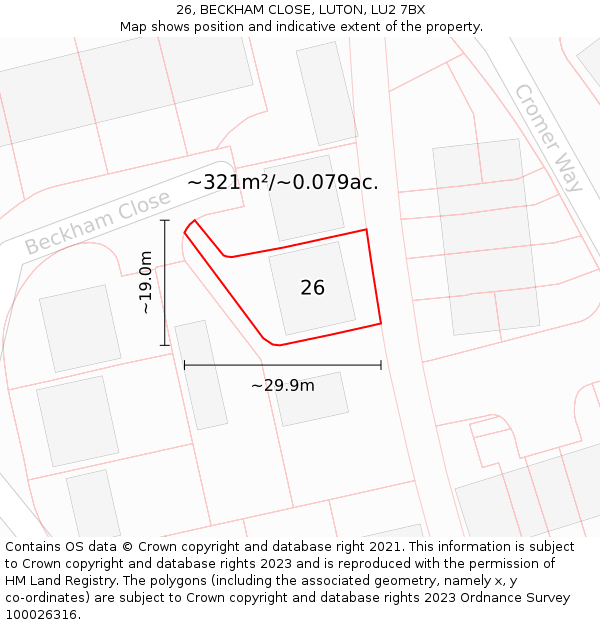 26, BECKHAM CLOSE, LUTON, LU2 7BX: Plot and title map
