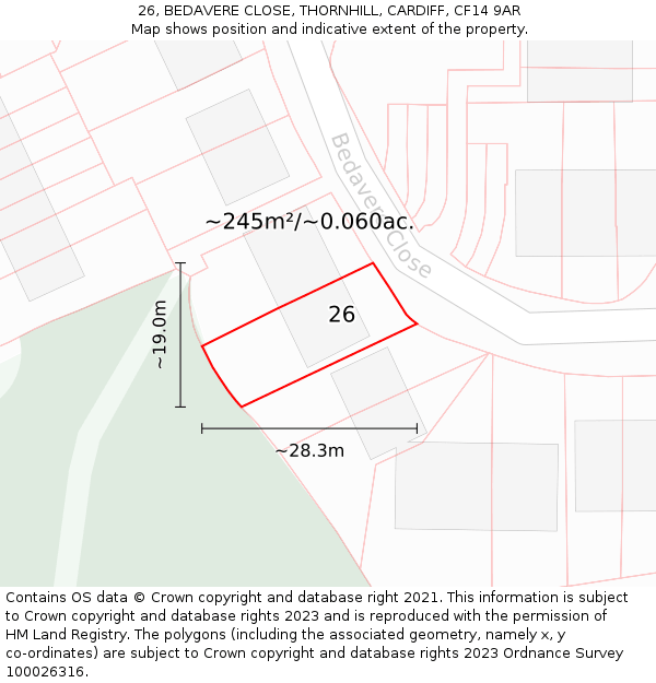 26, BEDAVERE CLOSE, THORNHILL, CARDIFF, CF14 9AR: Plot and title map