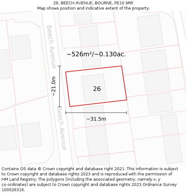 26, BEECH AVENUE, BOURNE, PE10 9RR: Plot and title map