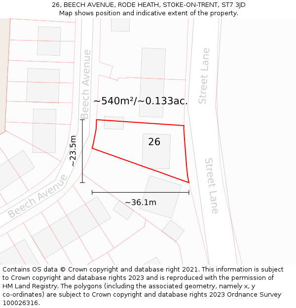 26, BEECH AVENUE, RODE HEATH, STOKE-ON-TRENT, ST7 3JD: Plot and title map