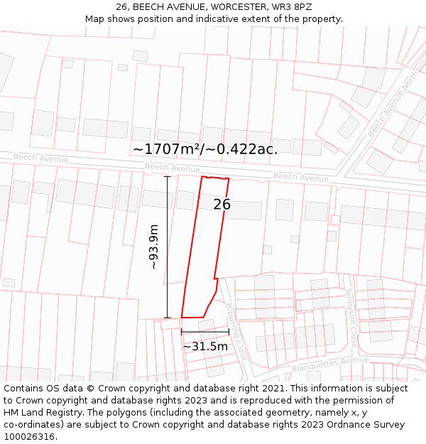 26, BEECH AVENUE, WORCESTER, WR3 8PZ: Plot and title map