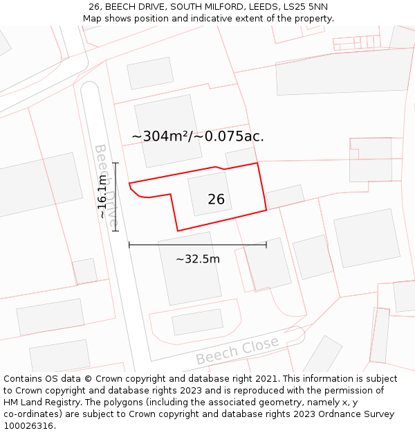 26, BEECH DRIVE, SOUTH MILFORD, LEEDS, LS25 5NN: Plot and title map