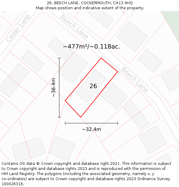 26, BEECH LANE, COCKERMOUTH, CA13 9HQ: Plot and title map