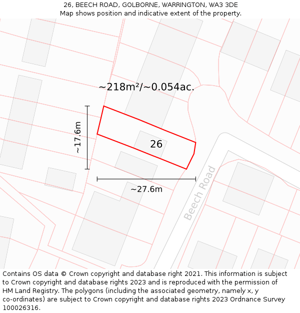 26, BEECH ROAD, GOLBORNE, WARRINGTON, WA3 3DE: Plot and title map