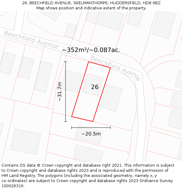 26, BEECHFIELD AVENUE, SKELMANTHORPE, HUDDERSFIELD, HD8 9BZ: Plot and title map