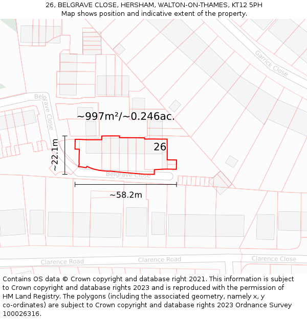 26, BELGRAVE CLOSE, HERSHAM, WALTON-ON-THAMES, KT12 5PH: Plot and title map