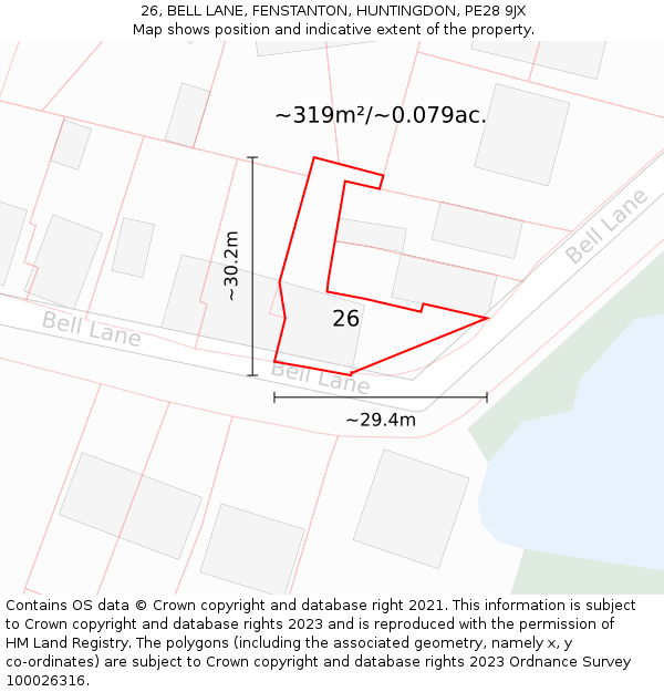 26, BELL LANE, FENSTANTON, HUNTINGDON, PE28 9JX: Plot and title map