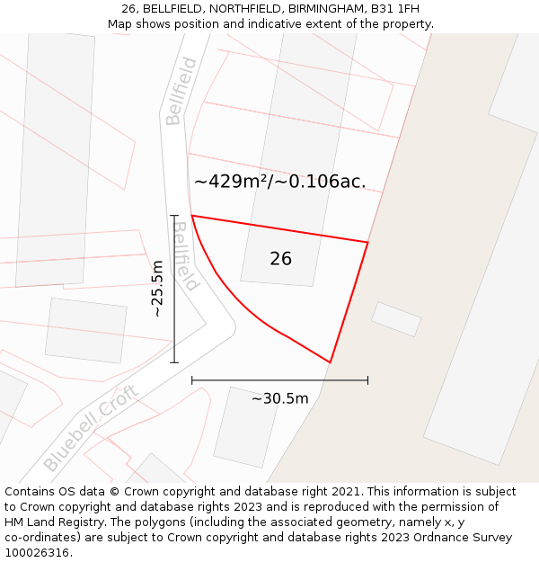 26, BELLFIELD, NORTHFIELD, BIRMINGHAM, B31 1FH: Plot and title map