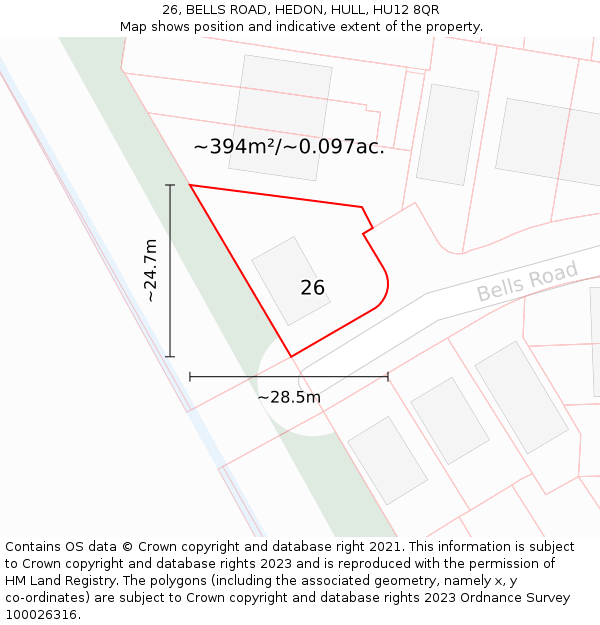 26, BELLS ROAD, HEDON, HULL, HU12 8QR: Plot and title map