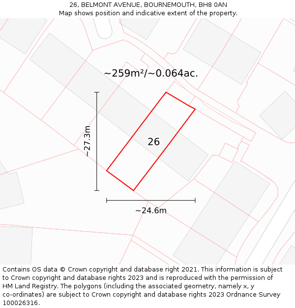 26, BELMONT AVENUE, BOURNEMOUTH, BH8 0AN: Plot and title map