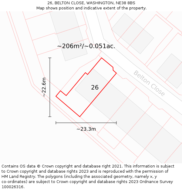 26, BELTON CLOSE, WASHINGTON, NE38 8BS: Plot and title map