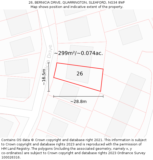 26, BERNICIA DRIVE, QUARRINGTON, SLEAFORD, NG34 8WF: Plot and title map