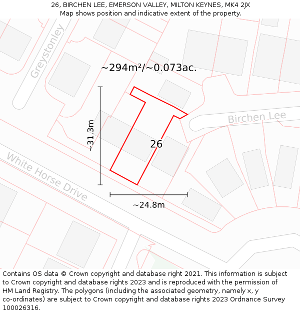 26, BIRCHEN LEE, EMERSON VALLEY, MILTON KEYNES, MK4 2JX: Plot and title map