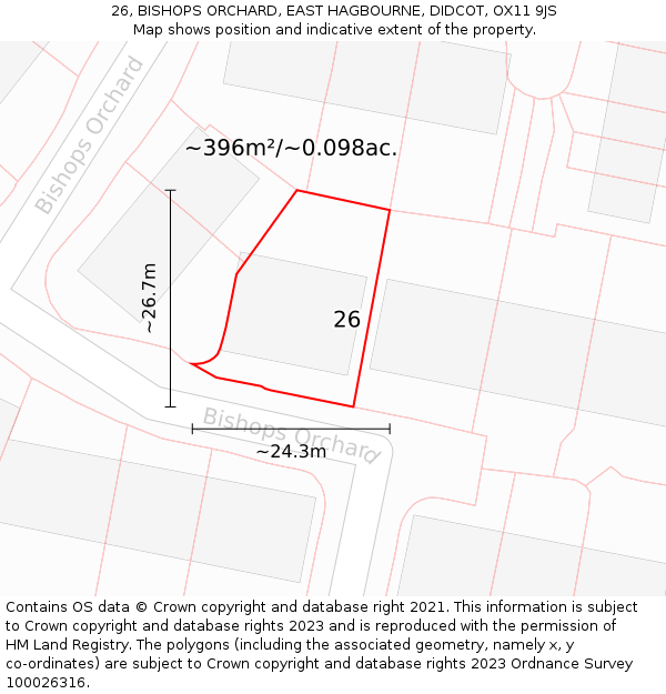 26, BISHOPS ORCHARD, EAST HAGBOURNE, DIDCOT, OX11 9JS: Plot and title map