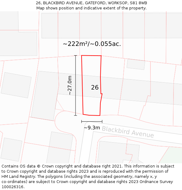 26, BLACKBIRD AVENUE, GATEFORD, WORKSOP, S81 8WB: Plot and title map