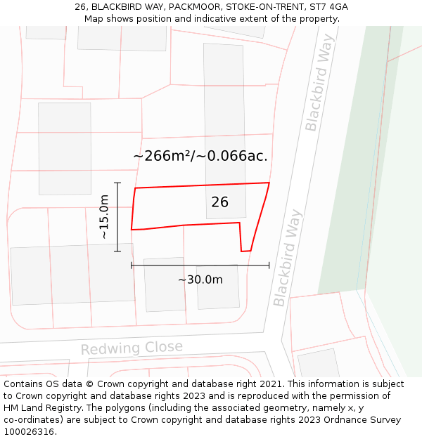 26, BLACKBIRD WAY, PACKMOOR, STOKE-ON-TRENT, ST7 4GA: Plot and title map