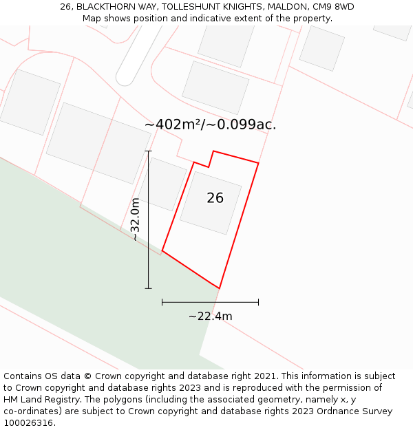 26, BLACKTHORN WAY, TOLLESHUNT KNIGHTS, MALDON, CM9 8WD: Plot and title map