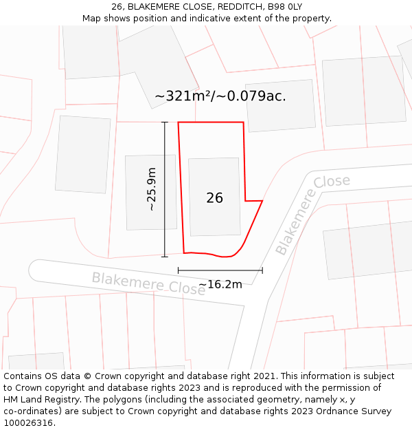 26, BLAKEMERE CLOSE, REDDITCH, B98 0LY: Plot and title map