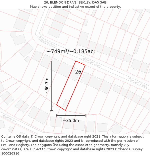 26, BLENDON DRIVE, BEXLEY, DA5 3AB: Plot and title map