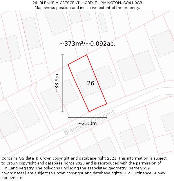 26, BLENHEIM CRESCENT, HORDLE, LYMINGTON, SO41 0GR: Plot and title map