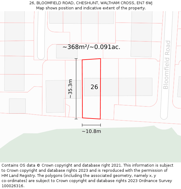 26, BLOOMFIELD ROAD, CHESHUNT, WALTHAM CROSS, EN7 6WJ: Plot and title map