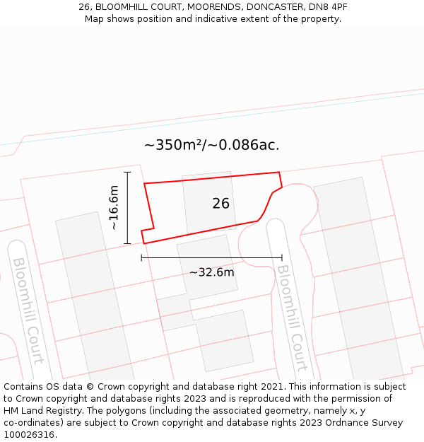 26, BLOOMHILL COURT, MOORENDS, DONCASTER, DN8 4PF: Plot and title map