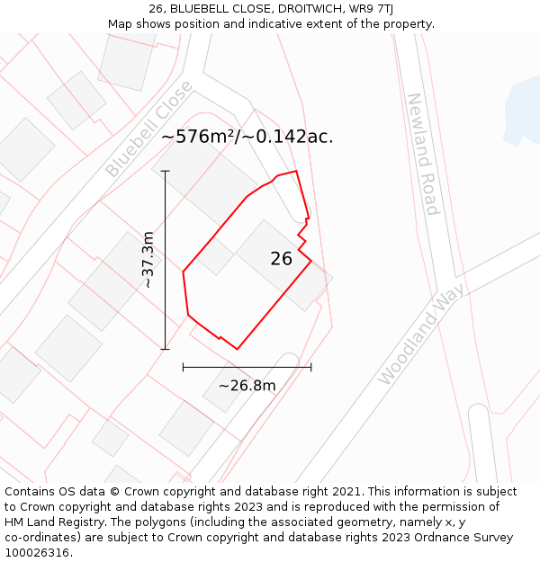 26, BLUEBELL CLOSE, DROITWICH, WR9 7TJ: Plot and title map