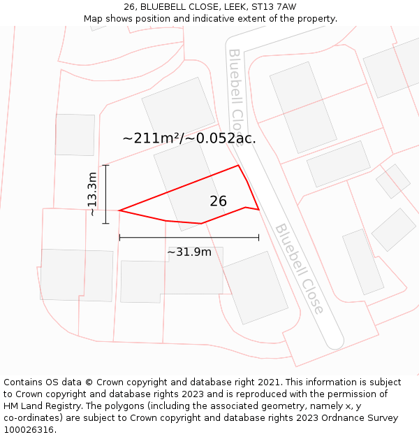 26, BLUEBELL CLOSE, LEEK, ST13 7AW: Plot and title map