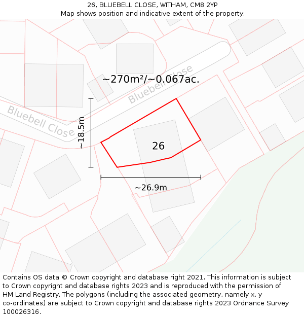 26, BLUEBELL CLOSE, WITHAM, CM8 2YP: Plot and title map