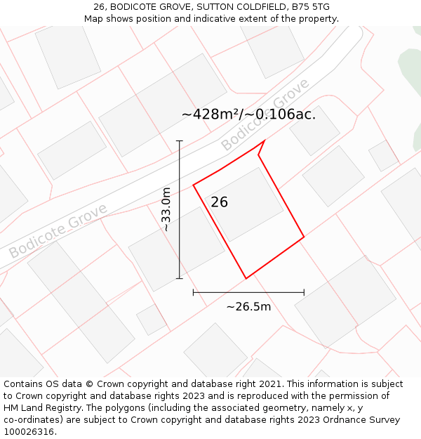 26, BODICOTE GROVE, SUTTON COLDFIELD, B75 5TG: Plot and title map
