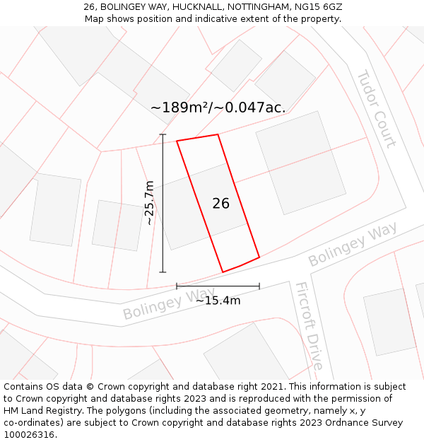 26, BOLINGEY WAY, HUCKNALL, NOTTINGHAM, NG15 6GZ: Plot and title map