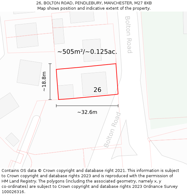 26, BOLTON ROAD, PENDLEBURY, MANCHESTER, M27 8XB: Plot and title map